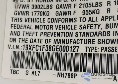 2016 Honda Civic Ex-T from USA, damaged, VIN 19XFC1F38GE000127